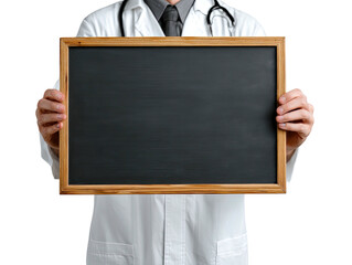 Doctor holding a blank chalkboard. A medical professional displays a dark, empty slate