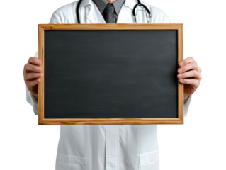 Doctor holding a blank chalkboard. A medical professional displays a dark, empty slate