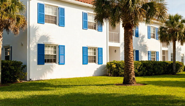 Exterior of a beautiful tropical residential building with a white facade and vibrant blue shutters. Sunny day with palm trees, a lush green lawn, and manicured bushes.