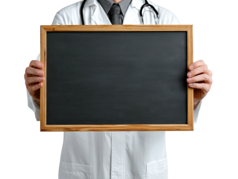Doctor holding a blank chalkboard. A medical professional displays a dark, empty slate - Powered by Adobe
