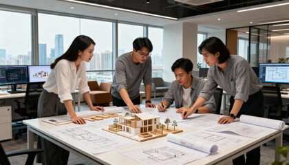 Team of young Asian architects in a modern office collaborating on a new project. Professionals discussing blueprints and examining a house model for real estate development.