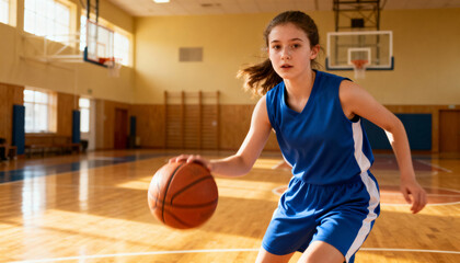 Young female basketball player dribbling the ball during practice in a school gym. Focused teen girl athlete in blue uniform training, honing skills. Youth sports empowerment.