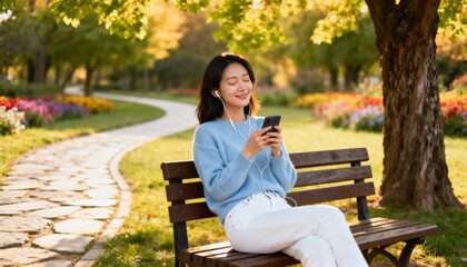 Happy Asian woman relaxing on a park bench listening to music on her phone. Concept of leisure, urban lifestyle, digital wellness, and enjoying a serene autumn day in the city.