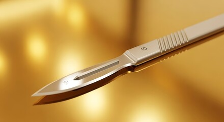 Medical scalpel gleaming on a gold surface, precision tool concept