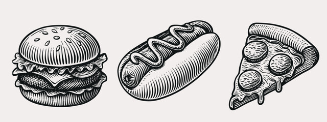 Vintage Engraving Illustration of Burger, Chicken Drumstick and Croissant in Retro Fast Food Style