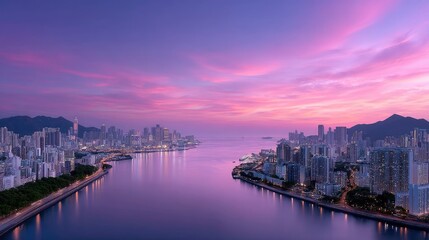 Obraz premium Hong Kong Skyline Panorama at Dusk with Violet and Pink Sky Cityscape View Featuring Illuminated Buildings Water Reflections and Distant Mountains