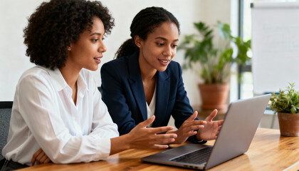 Two diverse professional women collaborating and discussing ideas intensely around a laptop in modern office with plants, teamwork, business meeting, creative strategy