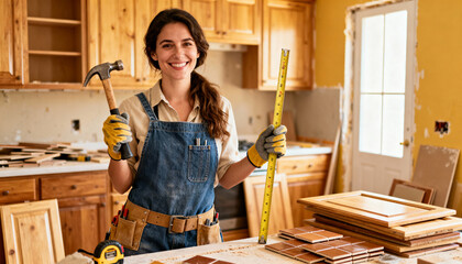 Happy woman renovating her kitchen. Confident female carpenter with a tool belt holding a hammer and a measuring tape. Concept of home improvement, DIY, and construction.
