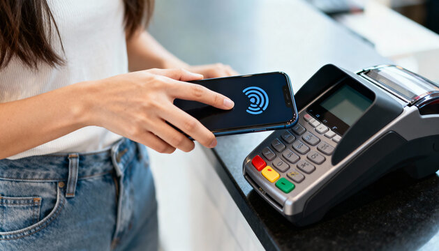 Woman making a contactless payment with her smartphone. Customer uses NFC technology on a mobile phone for a cashless transaction at a store checkout. Digital wallet concept.