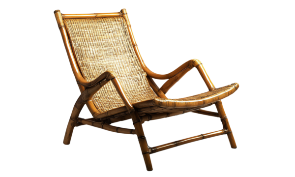 Low rattan lounge chair with woven seat and back, curved bamboo frame and armrests designed for casual relaxation.