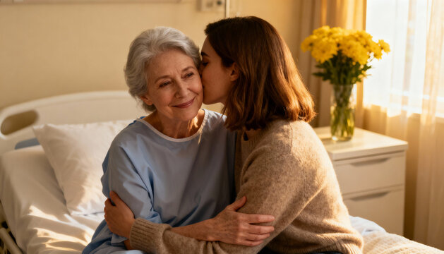 Caring daughter kisses senior mother in hospital. Family visiting elderly patient. Concepts of love, support, healthcare, aging, nursing home, recovery, hope, get well soon.