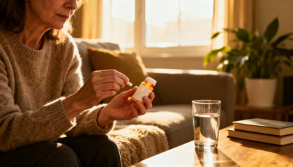 Senior woman taking daily prescription medication for a chronic health condition. Mature female at home holding a pill bottle and capsule for her treatment. Healthcare concept.
