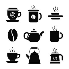 Black icons of coffee cups teapots and coffee bean on white background coffee cup icon tea cup icon