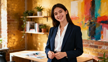 Confident young businesswoman, successful startup founder, smiling at camera in a creative loft office. Portrait of a female leader. Career success and entrepreneurship concept.