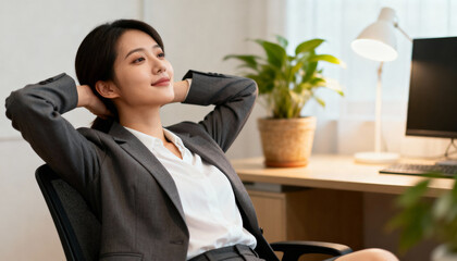 Young Asian businesswoman relaxing in office chair, hands behind head. Concept of work-life balance, job satisfaction, stress relief, success and taking a break. Calm at workplace.