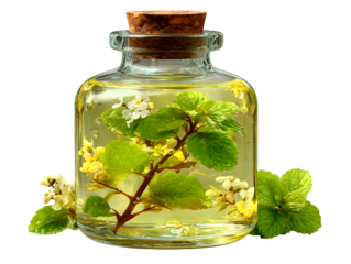 3D iced herbal detox tea with mint leaf floating inside clear bottle, wellness-friendly icon design, isolated on transparent background with no shadow