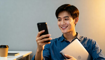 Smiling Asian man uses smartphone, holding laptop. Young professional, freelancer, or student at work. Concept of business technology, digital communication, and modern lifestyle.