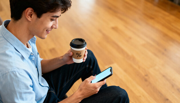 Young man using smartphone, holds coffee with percent sign. Concept for online banking, investment, stock market, discount shopping, or financial technology. Happy person.