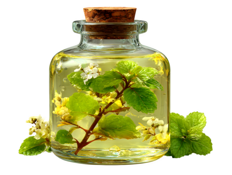 3D iced herbal detox tea with mint leaf floating inside clear bottle, wellness-friendly icon design, isolated on transparent background with no shadow