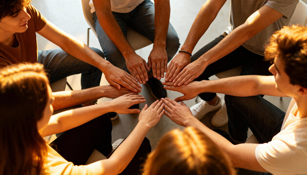 Group of diverse young people putting hands together in a circle. Concept of unity, teamwork, support, and community. Group therapy session for mental health and connection.