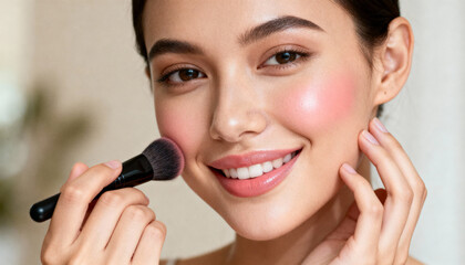Young woman with flawless glowing skin applying makeup with a brush, smiling. Natural beauty care, cosmetics application, skincare, radiant complexion, female beauty routine, close-up portrait.