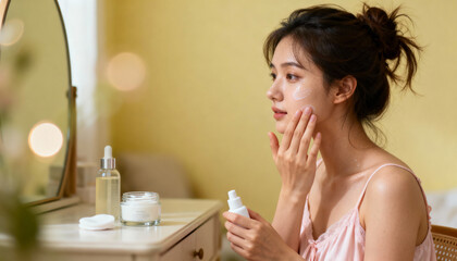 Youthful Asian woman doing her daily skincare routine. Applying moisturizing cream for healthy hydrated skin. Concept of beauty, cosmetics, self care, and dermatology treatment.