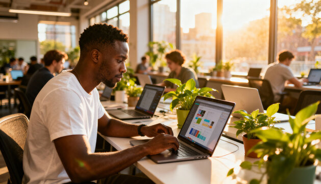 Coworking concept. Black man working on laptop in modern office. Busy urban workspace. Diverse professionals. Business technology. Team productivity. Startup collaboration. Sunny day.