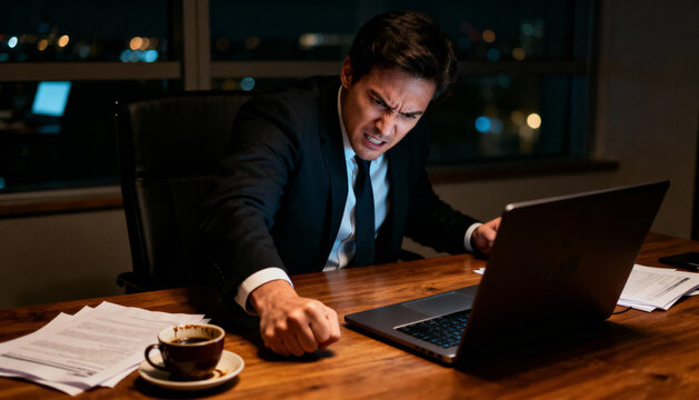 Furious businessman feeling rage and stress about financial crisis or deadline. Angry frustrated executive working late at night in office ready to punch desk. Burnout concept. - Powered by Adobe