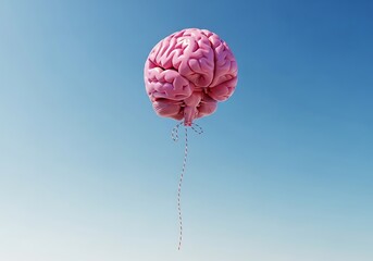 A pink brain shaped balloon floating in a clear blue sky with a stream of water dripping from it, symbolizing loss of ideas or mental fatigue