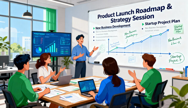 Group of Diverse Businesspeople Collaborating in Modern Office, Product Launch Strategy and Development Meeting, Brainstorming Session with Data Analysis and Growth Chart Presentation