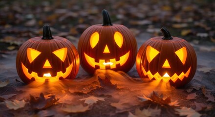 Fototapeta premium Glowing jack-o'-lanterns create a spooky Halloween atmosphere with autumn leaves
