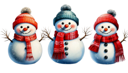 Bundle of three festive snowman variations wearing winter hats and scarves isolated on transparent background