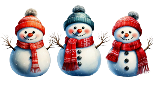  Bundle of three festive snowman variations wearing winter hats and scarves isolated on transparent background