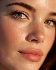 Fototapeta premium Sunset glow photography Close-Up Portrait of a Woman with Radiant Skin and Freckles for radiant beauty concepts