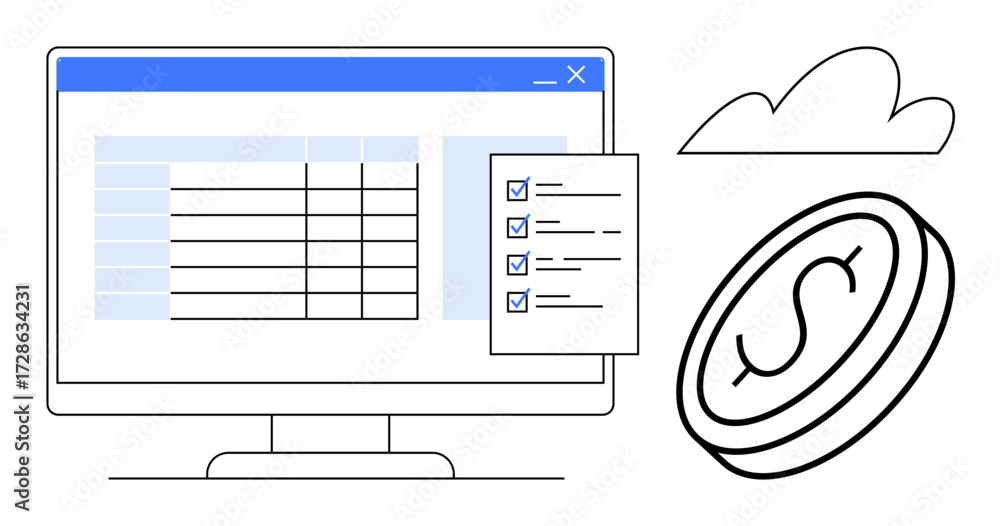 Poster computer screen showing spreadsheet, checklist, floating coin with dollar sign, cloud in background.
