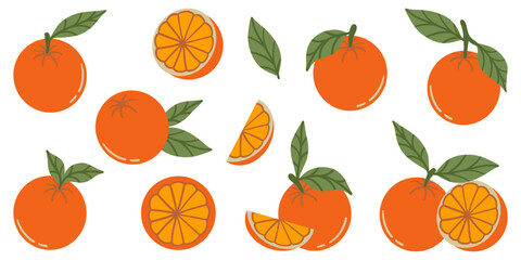 Orange fruits. Fresh citrus with leaves, ripe oranges whole and cut pieces, abstract tropical fruit with leaf, peel and flowers, natural organic sweet sour ingredient. Vector cartoon set.
