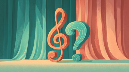 Colorful illustration of a treble clef and question mark on stage with curtains, conceptual music quiz and trivia design for posters, presentations, and educational materials
