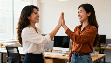 Two cheerful young Asian female colleagues giving high five, celebrating success and teamwork in modern bright office, positive work environment and collaboration concept
