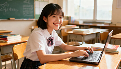 Cheerful Asian high school student using laptop computer in bright classroom, studying online, education technology, learning, modern school life concept