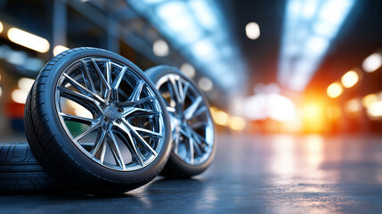 New tires and alloy rims displayed in a garage or warehouse, under gentle industrial light, highlighting sleek design and rubber texture, serene automotive scene, calm warehouse li