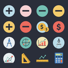 A grid of 16 colorful flatdesign icons related to mathematics and finance