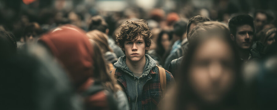 Male college student standing alone among a crowd of other students, concept of the feeling of isolation and loneliness due to mental illness