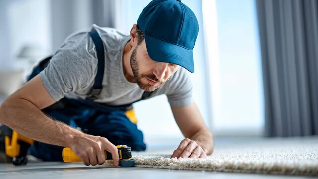 Carpet installer man using tool for precise carpet fitting, focused expression, home renovation, modern interior, daylight, adult male casual