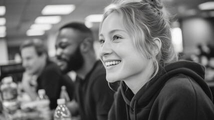 Coworkers enjoying a relaxed lunch break together at the office