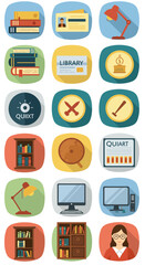 A grid of fifteen flatstyle icons related to education technology and literature