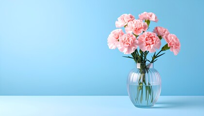 Obraz premium Beautiful pink carnation flowers in a vase on blue background with copy space