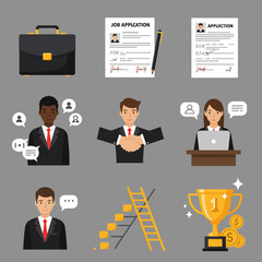 A grid of nine illustrations depicting job application interview agreement career growth and success