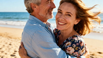 Happy mature couple enjoying a romantic embrace on a sunny beach. Senior lifestyle, love, and togetherness. Golden years, retirement vacation by the sea. Affectionate moment.