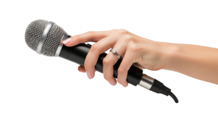 Woman's hand holding a microphone isolated on white background cutout transparent png