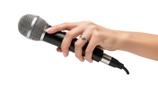 Woman's hand holding a microphone isolated on white background cutout transparent png